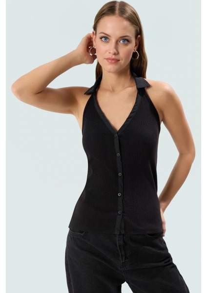 Polo Yaka Fermuarlı Kolsuz Fitted Örme Bluz Yazlık Günlük Premium Kalite Özel Tasarım fiyatları