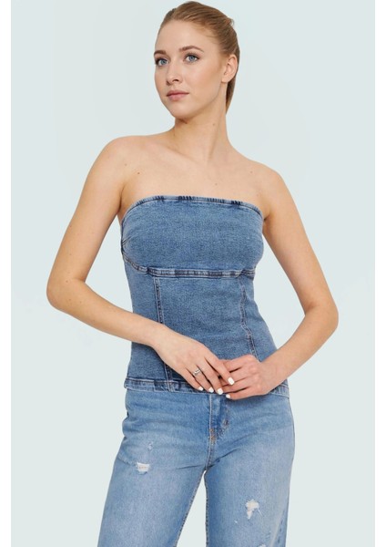 Kadın Denim Fitted Straplez Bluz Yazlık Günlük Stil Kullanım Için Şık Görünüm fiyatları