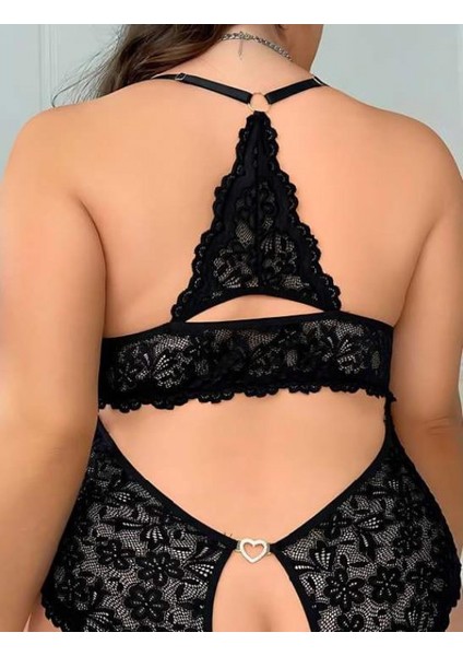 Marsilyan- Büyük Beden Siyah Dantel Işlemeli Özel Bölgesi Açık Babydoll fiyatları