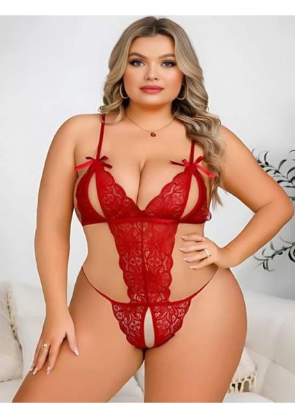 Marsilyan- Büyük Beden Kırmızı Dantel Işlemeli Dekolteli Babydoll