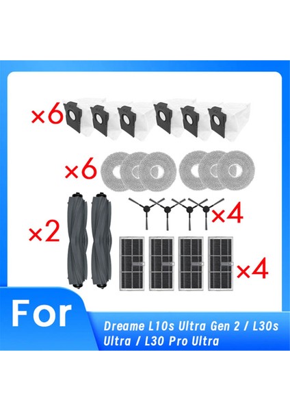 Dreame L10S Ultra Gen 2 / L30S Ultra / L30 Pro Ultra Robot Süpürge Için 22 Adet Ana Yan Fırça Paspas Filtre Toz Torbaları (Yurt Dışından)