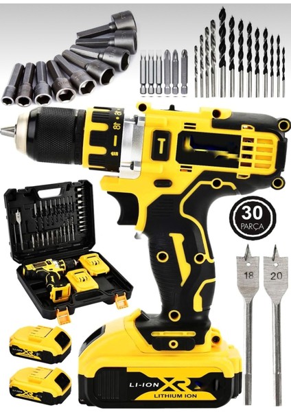 128V Darbeli Şarjlı Matkap, Çift Akülü, Metal Şanzıman, Güçlü ve Çok Amaçlı