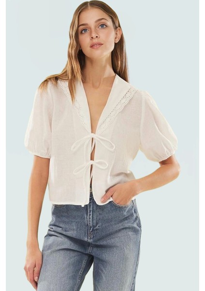 Yazlık Kısa Kollu Dokuma Bluz V Yaka Balon Kol Premium Kalite Dayanıklı Malzeme