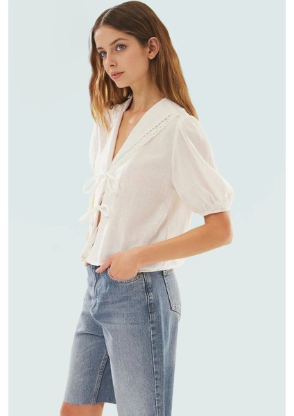 Yazlık Kısa Kollu Dokuma Bluz V Yaka Balon Kol Premium Kalite Dayanıklı Malzeme fiyatları