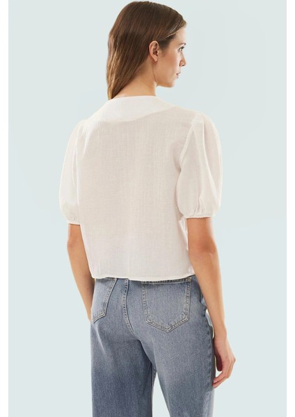 Yazlık Kısa Kollu Dokuma Bluz V Yaka Balon Kol Premium Kalite Dayanıklı Malzeme modelleri