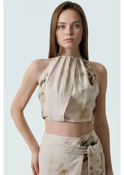 Keten Görünümlü Halter Yaka Kolsuz Crop Bluz Rahat Yazlık Günlük Stil ve Şık