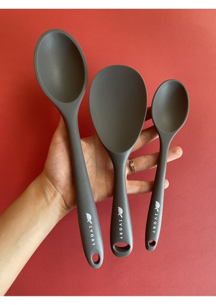Isıya Dayanıklı Silikon Uzun ve Kısa Derin Kaşık Seti, 20-28 cm Gri