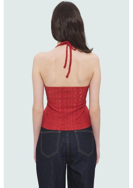 Fitted Örme Bluz Kolsuz Jakarlı Boyundan Bağlamalı Yazlık Konforlu Kesim Profesyonel Görünüm modelleri