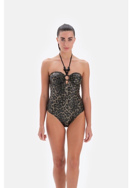 Boyundan Bağlamalı Toparlayıcı Leopar Desen Kadın Mayo 3292