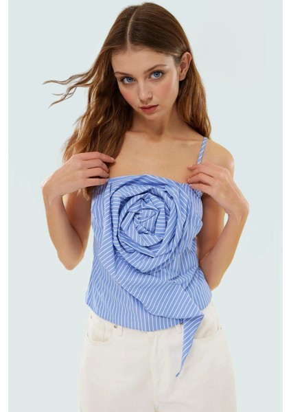 Şık Çizgili Dokuma Bluz Kare Yaka Kolsuz Yazlık Rahat Özenle Seçilmiş Özel Tasarım