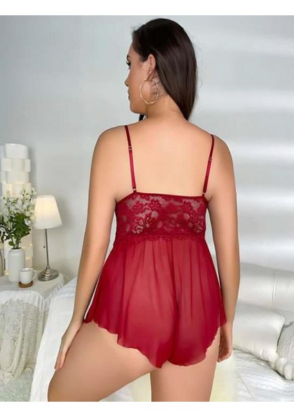 - Büyük Beden Bordo Dantel Işlemeli Fırfırlı Babydoll