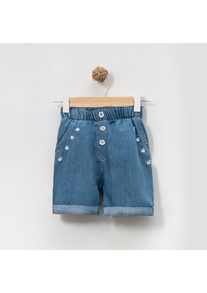 Kız Çocuk Çiçek Nakışlı Rahat Kalıp Yazlık Kot Kumaş Şort