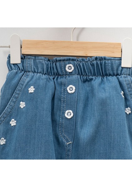 Kız Çocuk Çiçek Nakışlı Rahat Kalıp Yazlık Kot Kumaş Şort fiyatları