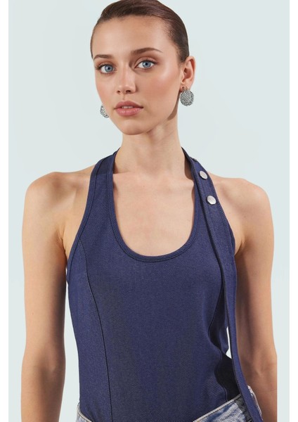 Kadın Denim Görünümlü Fitted Bluz Boyundan Bağlamalı Yazlık Casual Günlük Kullanım Için