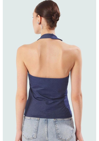 Kadın Denim Görünümlü Fitted Bluz Boyundan Bağlamalı Yazlık Casual Günlük Kullanım Için fiyatları