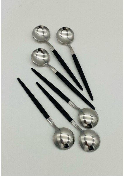 Şık Siyah Çelik 6'lı Çay ve Nescafe Kaşığı Seti