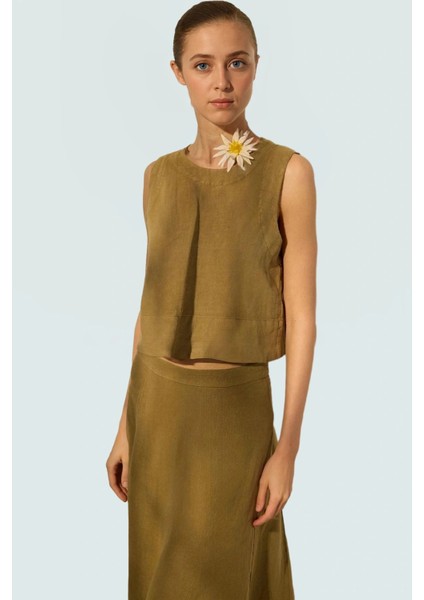 Kadın Keten Crop Bluz Regular Kalıp Yazlık Günlük Kaliteli Işçilik