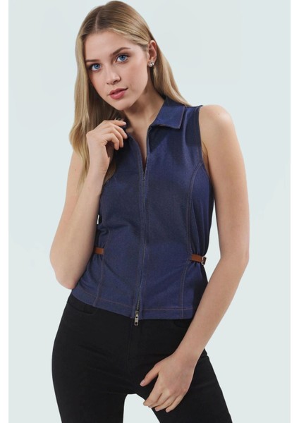 Fitted Vücuda Oturan Örme Bluz Polo Yaka Denim Görünümlü Yazlık Günlük Özenle Seçilmiş fiyatları