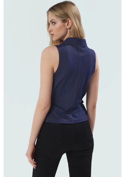 Fitted Vücuda Oturan Örme Bluz Polo Yaka Denim Görünümlü Yazlık Günlük Özenle Seçilmiş modelleri