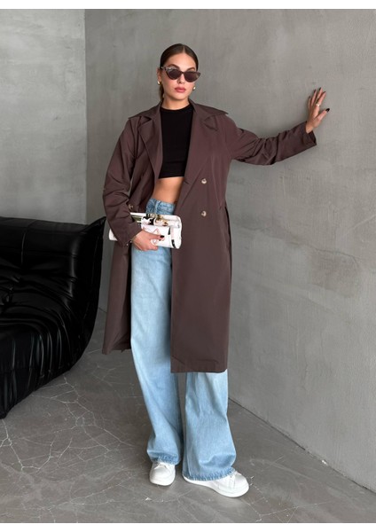 Kahve Dökümlü Uzun Trençkot