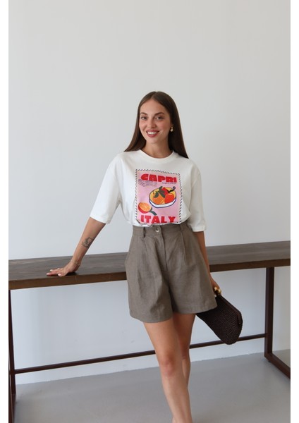 Beyaz Capri Baskılı T-Shirt
