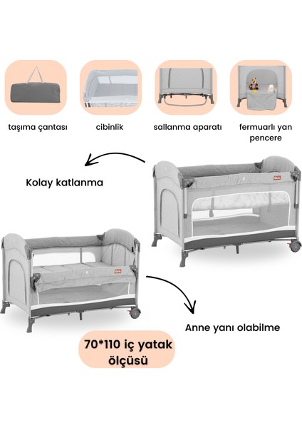 Omega Anne Yanı Sallanır Cibinlikli Oyun Parkı Park Yatak Bebek Beşik 70X110 cm