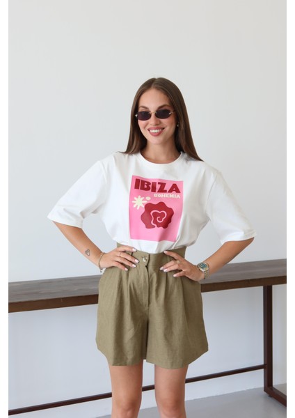 Beyaz Ibiza Baskılı T-Shirt modelleri