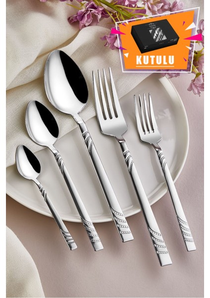30 Parça Çelik Düz Çatal Kaşık Seti, 6 Kişilik, Desenli Kutulu, Şık ve Dayanıklı