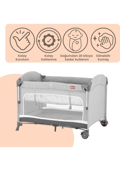Omega Anne Yanı Sallanır Cibinlikli Oyun Parkı Park Yatak Bebek Beşik 70X110 cm