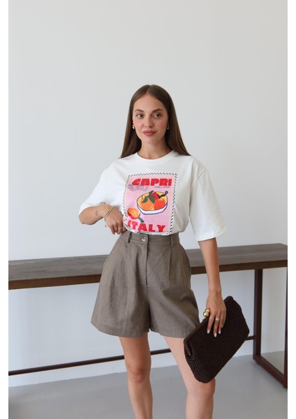 Beyaz Capri Baskılı T-Shirt
