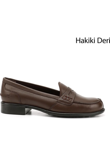 Gön Hakiki Deri Yuvarlak Burun Kısa Topuklu Loafer Kadın Günlük Ayakkabı 24138