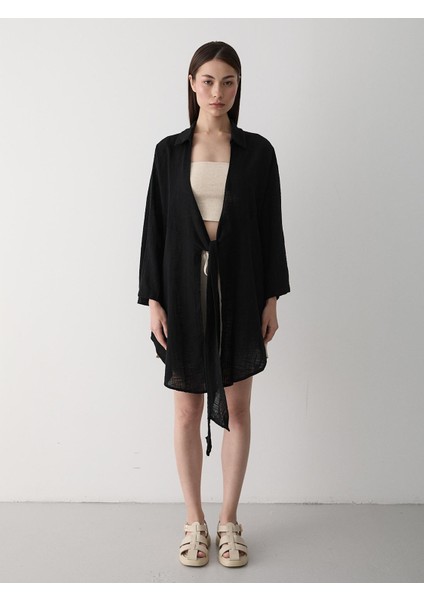 Siyah Flam Keten Kimono Gömlek