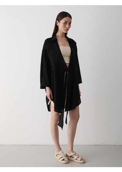 Siyah Flam Keten Kimono Gömlek modelleri