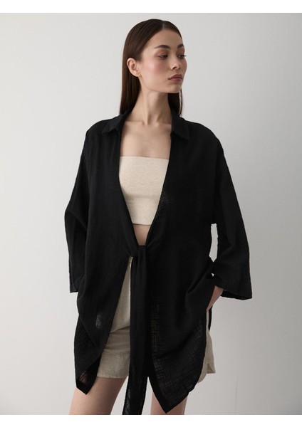 Siyah Flam Keten Kimono Gömlek fırsatları