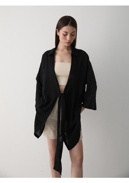 Siyah Flam Keten Kimono Gömlek indirimleri