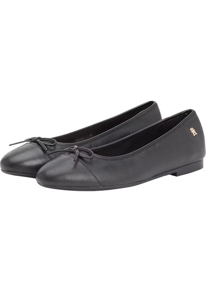 Kadın Toe Cap Leather Ballerina Shoes - Siyah