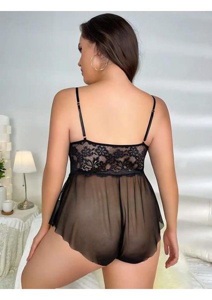 Marsilyan- Büyük Beden Siyah Dantel Işlemeli Fırfırlı Babydoll fiyatları