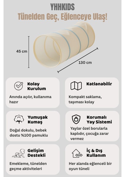 Katlanabilir Çocuk Oyun Tüneli – Eğlenceli ve Güvenli Oyun Alanı, Taşınabilir Tasarım - Bej modelleri