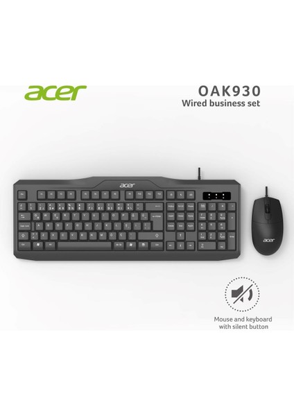 OAK-930 Kablolu Sessiz Tuşlu Klavye Moue Set Siyah (Klavye 1,40CM-MOUSE 1.60CM Kablo)