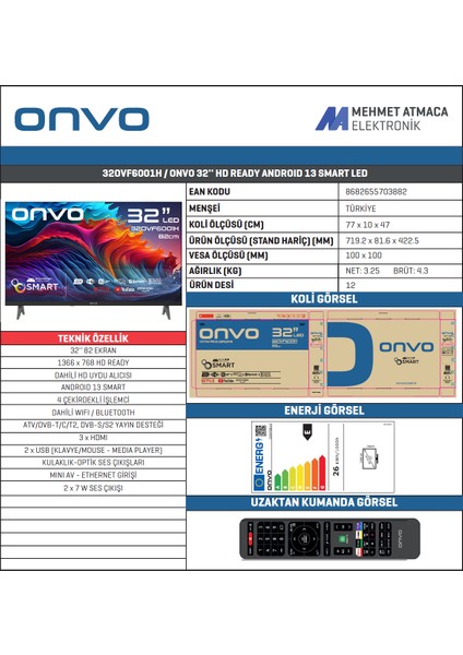32OVF6001H 32" 82 Ekran Uydu Alıcılı HD Ready Smart LED TV fiyatları