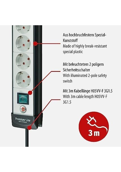 Premium-Line Güç Şeridi 8 Soketli 3m Priz