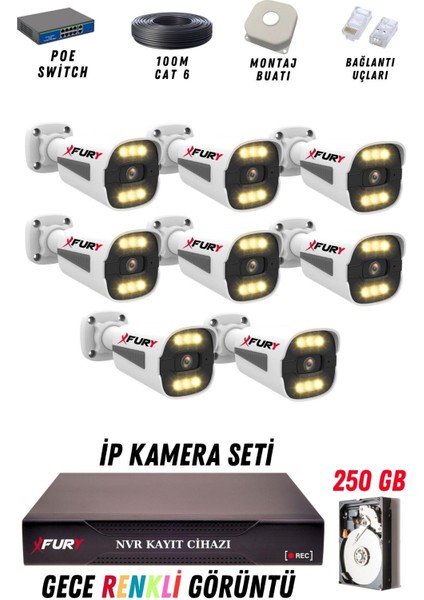 8 Kameralı Ip Güvenlik Kamerası Seti 4mp Gece Renkli Su Geçirmez 1506 250GB