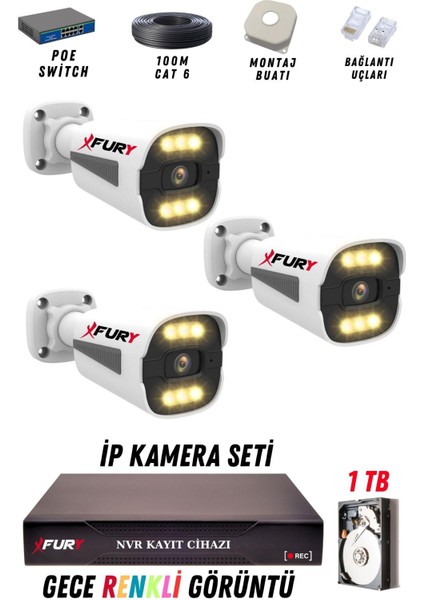 3 Kameralı Ip Güvenlik Kamerası Seti 4mp Gece Renkli Su Geçirmez 1506 1tb