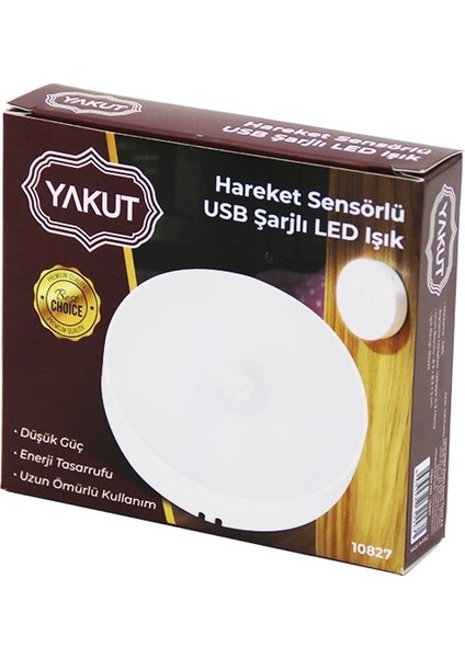 Sensörlü USB Şarjlı Beyaz LED Yuvarlak Lamba Çap: 8.3cm - Kalınlık: 2cm - Sensör Algılama =0--3mt (5067)