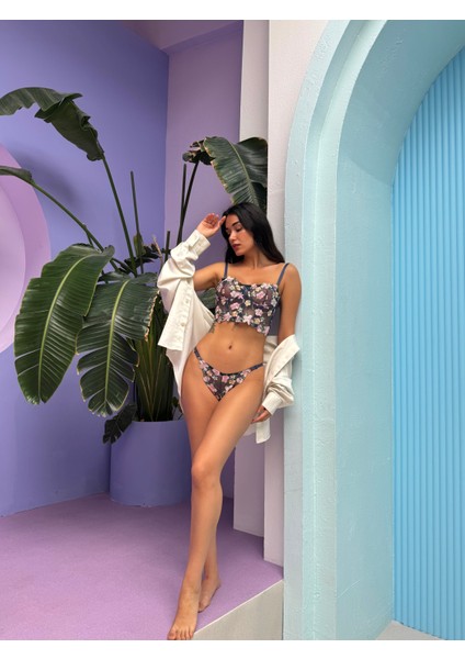 Lacivert Çiçek Nakışlı Transparan Büstiyer Külot Takım - Dantelli Destekli Bralet Iç Giyim Seti modelleri