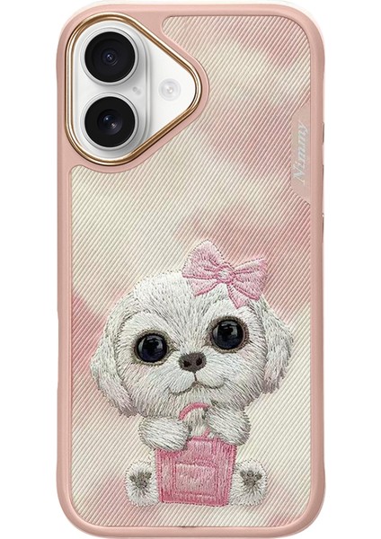 iPhone 16 Uyumlu 3D Göz Pembe Köpek Detaylı Gerçek Nakış Işlemeli Kabartmalı New Big Eyes Kılıf