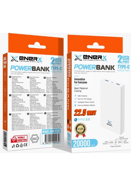 Powerbank 20000MAH 22.5 Watt ENR-P20T Siyah modelleri