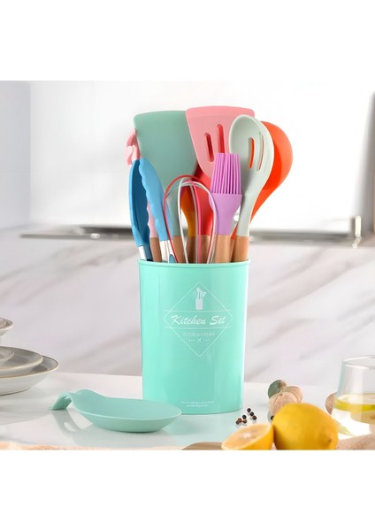 Renkli 11'li Silikon Bambu Saplı Mutfak Servis Seti