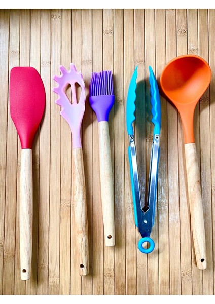 Renkli 11'li Silikon Bambu Saplı Mutfak Servis Seti modelleri
