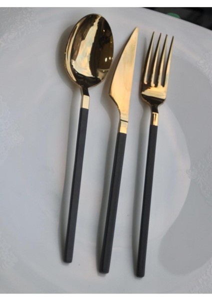 Şık Siyah Titanyum Gold Yemek Kaşığı Seti, 6'lı, Dayanıklı ve Modern Tasarım